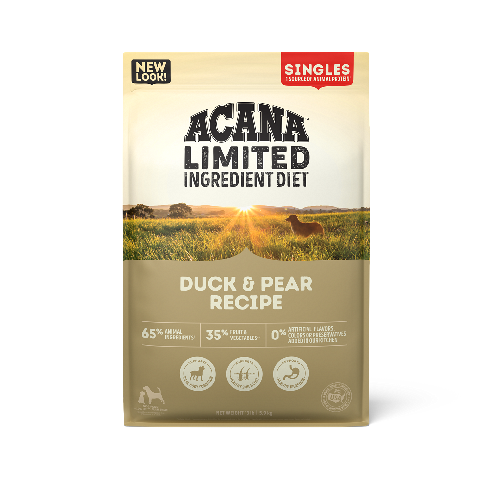 Alimento Acana Singles Duck & Pear, receta con pato y pera, ideal para perros con sensibilidad alimentaria y sin cereales