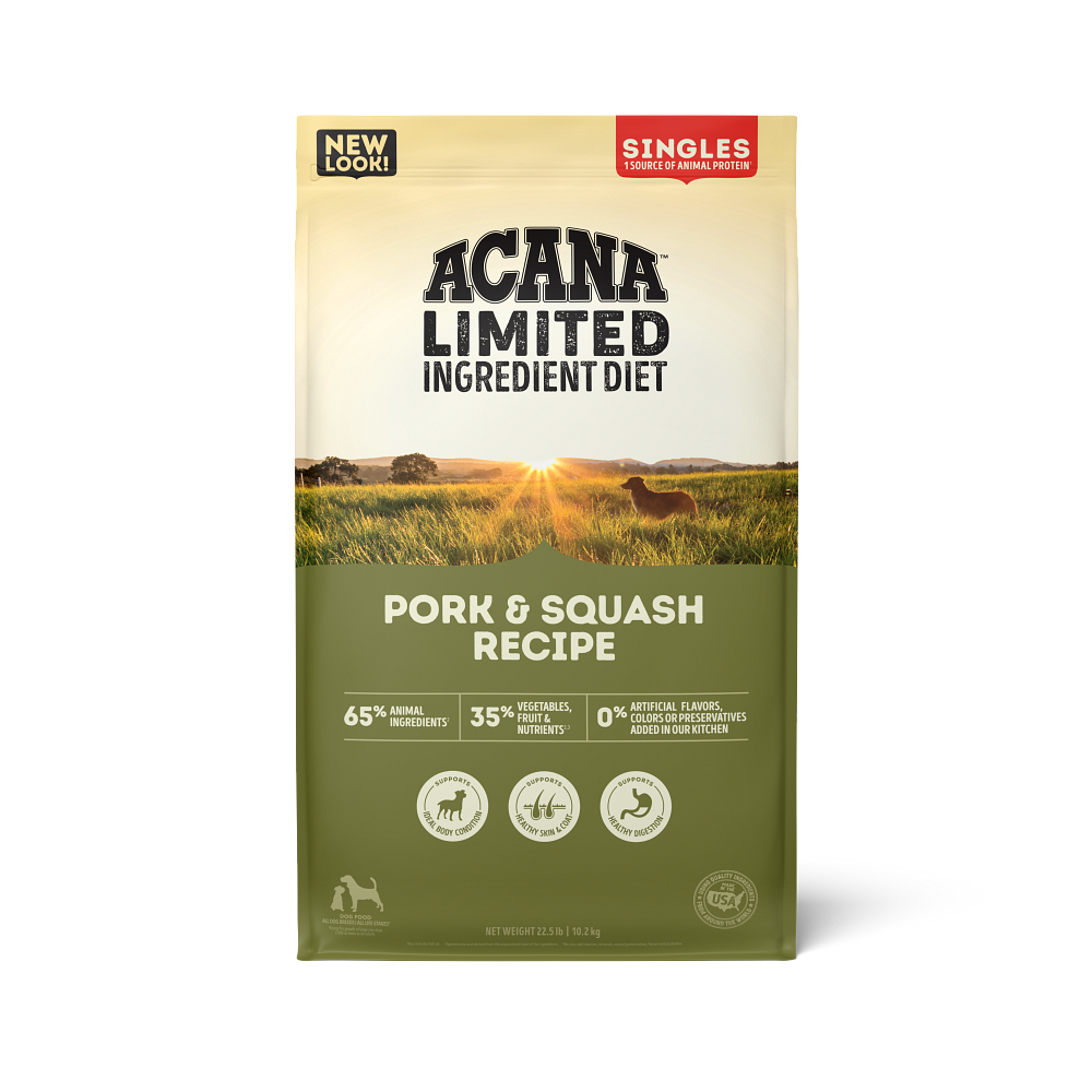 Alimento Acana Singles Pork & Squash, receta con cerdo y zapallo, ideal para perros con sensibilidad alimentaria y sin cereales