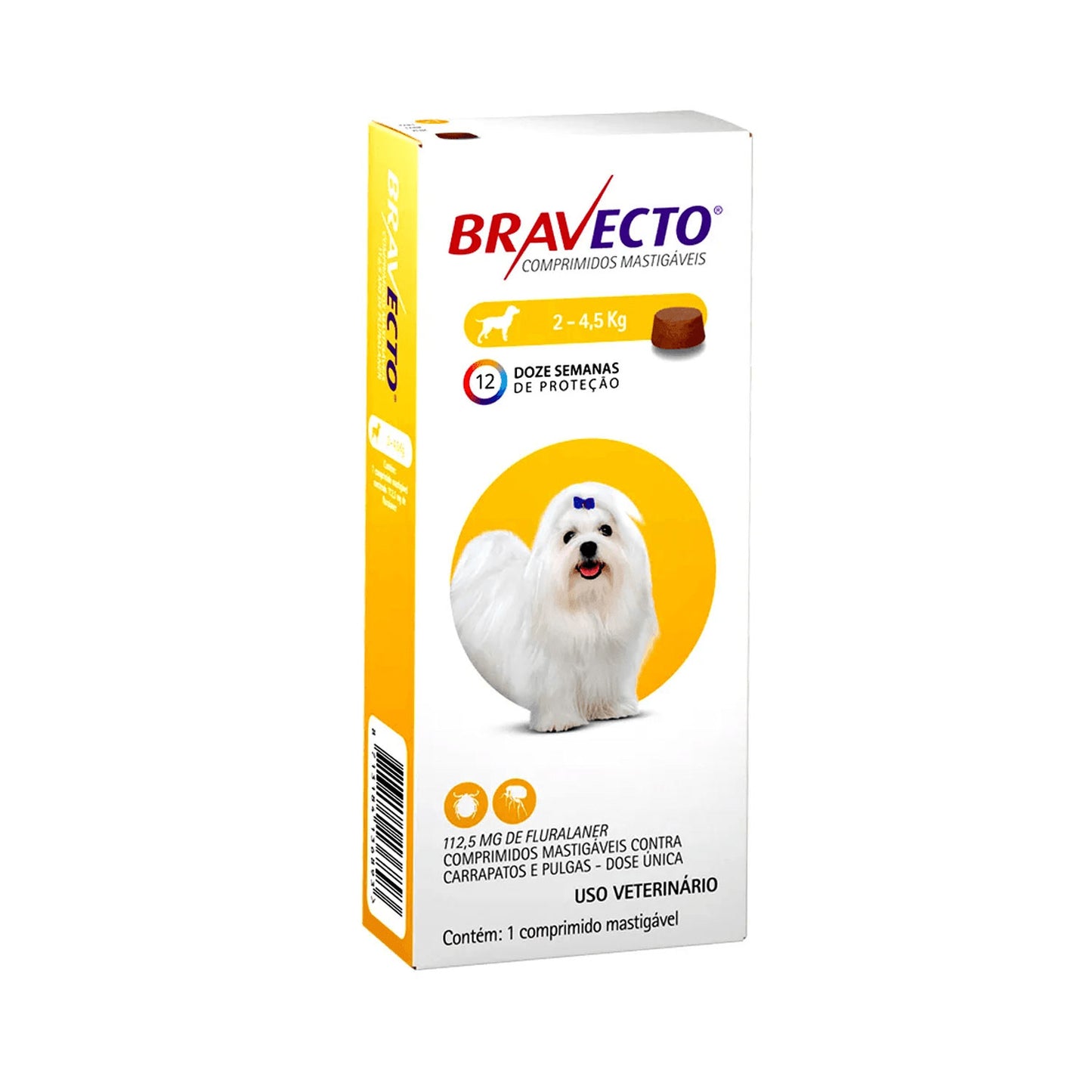 Antiparasitario externo Bravecto para perros miniatura y pequeños (2 a 4.5 kg), protección efectiva contra pulgas y garrapatas por hasta 12 semanas (1 comprimido)