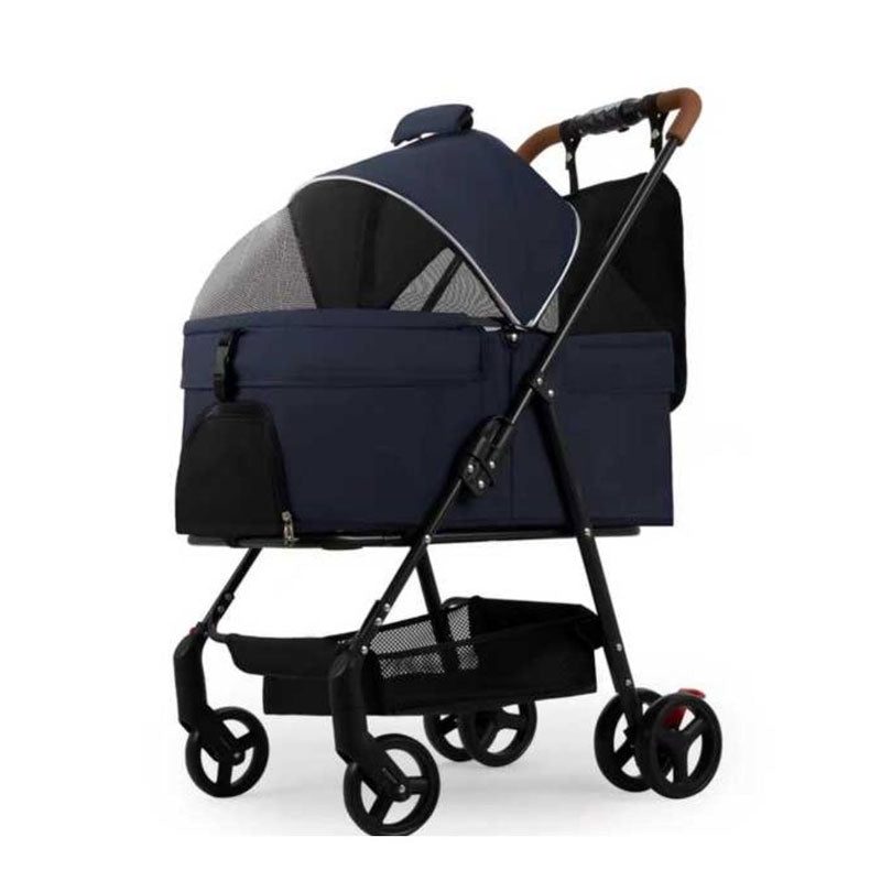 Coche para mascotas color azul oscuro, diseño cómodo y seguro para paseos con perros y gatos