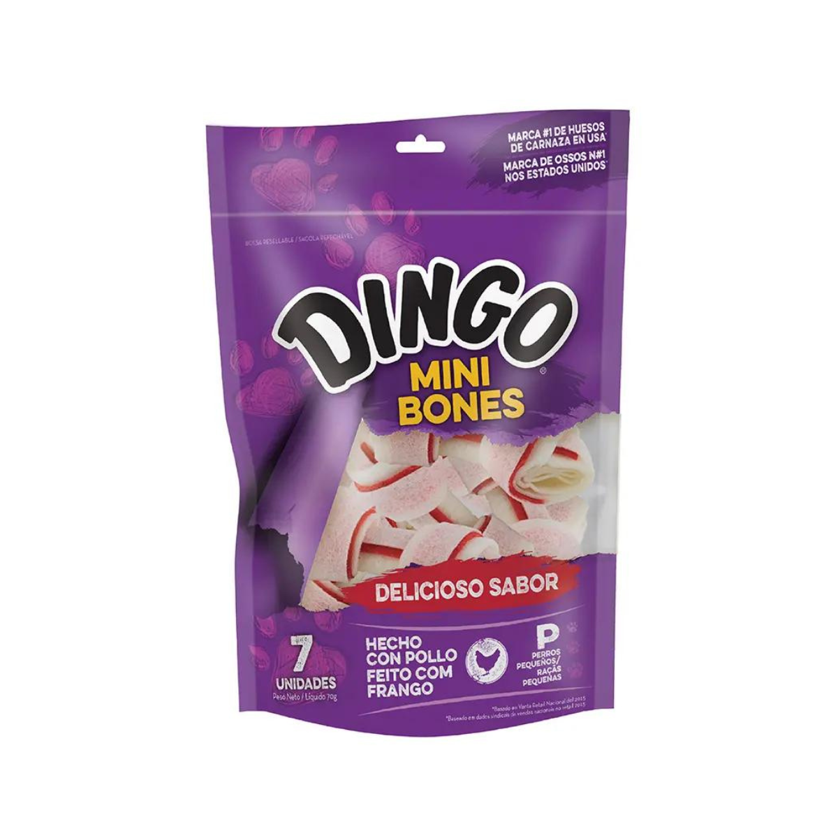 Dingo Mini Bones, huesos masticables con pollo para perros pequeños, perfectos para la limpieza dental y el entretenimiento (70 g, 7 unidades)