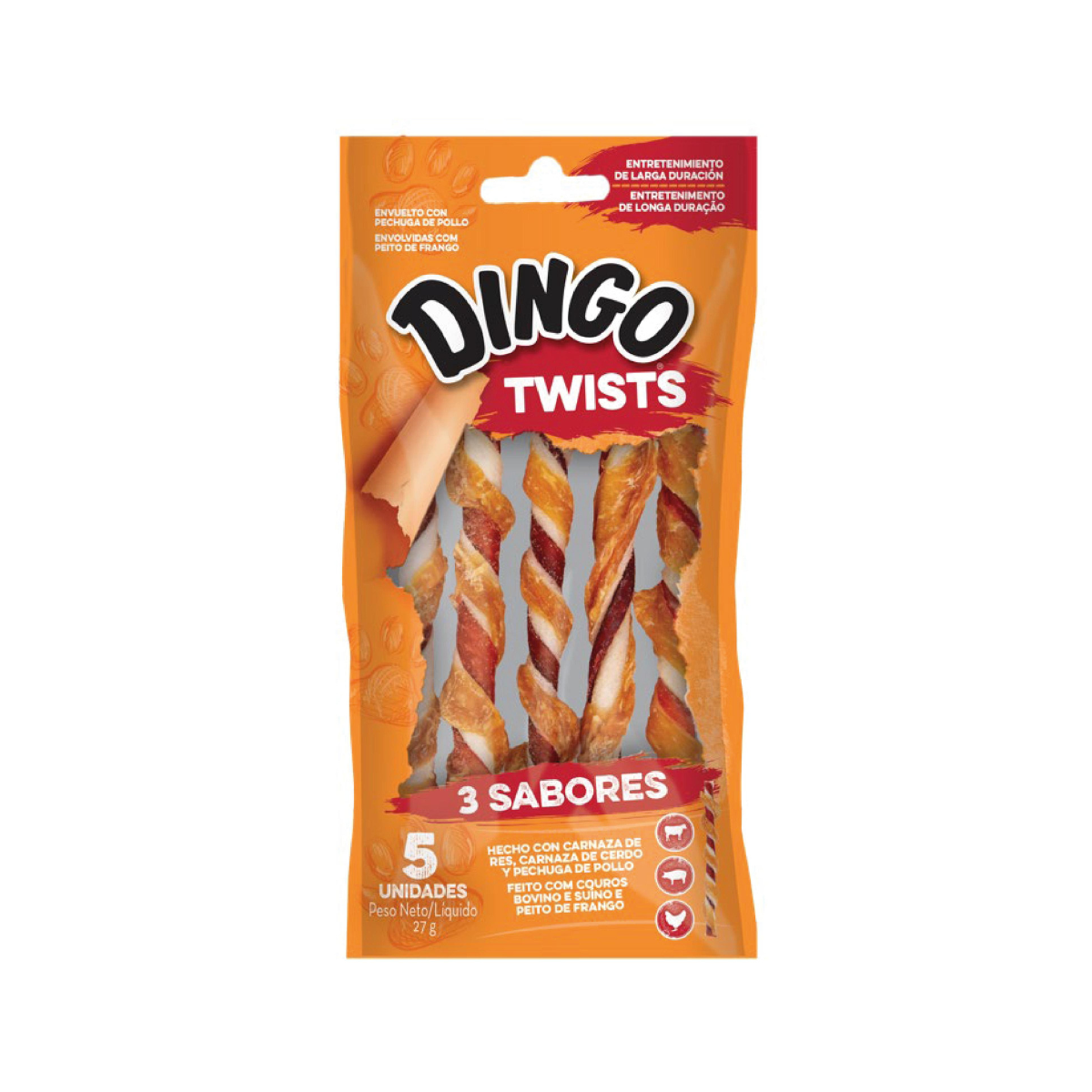 Dingo Twist Sticks triple sabor, palitos masticables para perros con carne de res, pollo y cerdo (5 unidades)