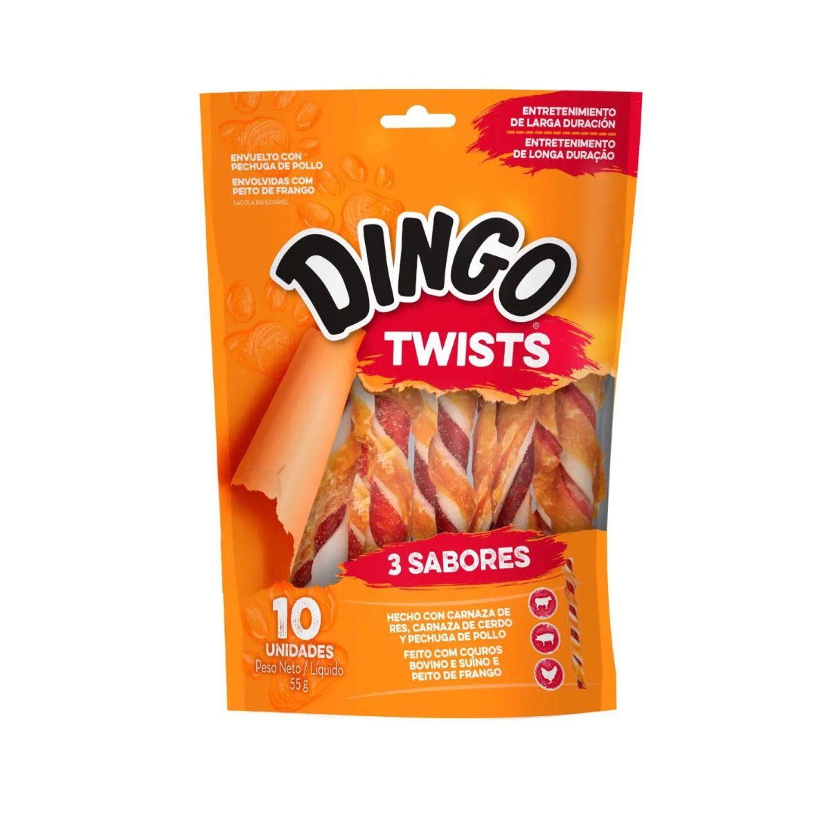 Dingo Twist Sticks triple sabor, palitos masticables para perros con carne de res, pollo y cerdo (10 unidades)