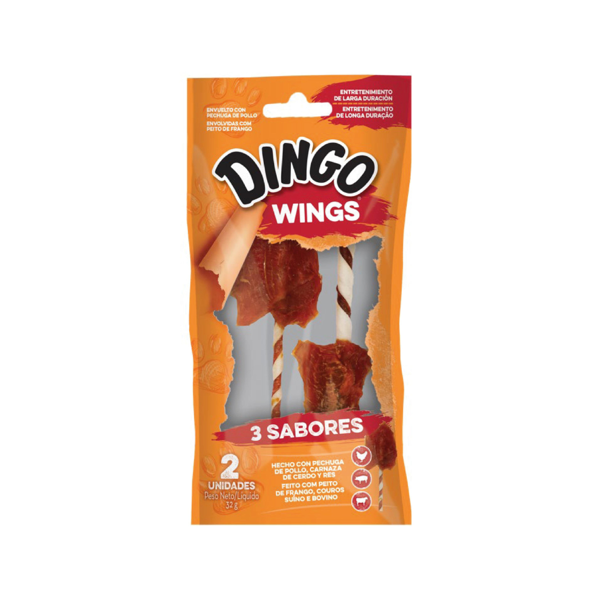 Dingo Wings triple sabor, alitas masticables para perros con carne de res, pollo y cerdo (2 unidades)