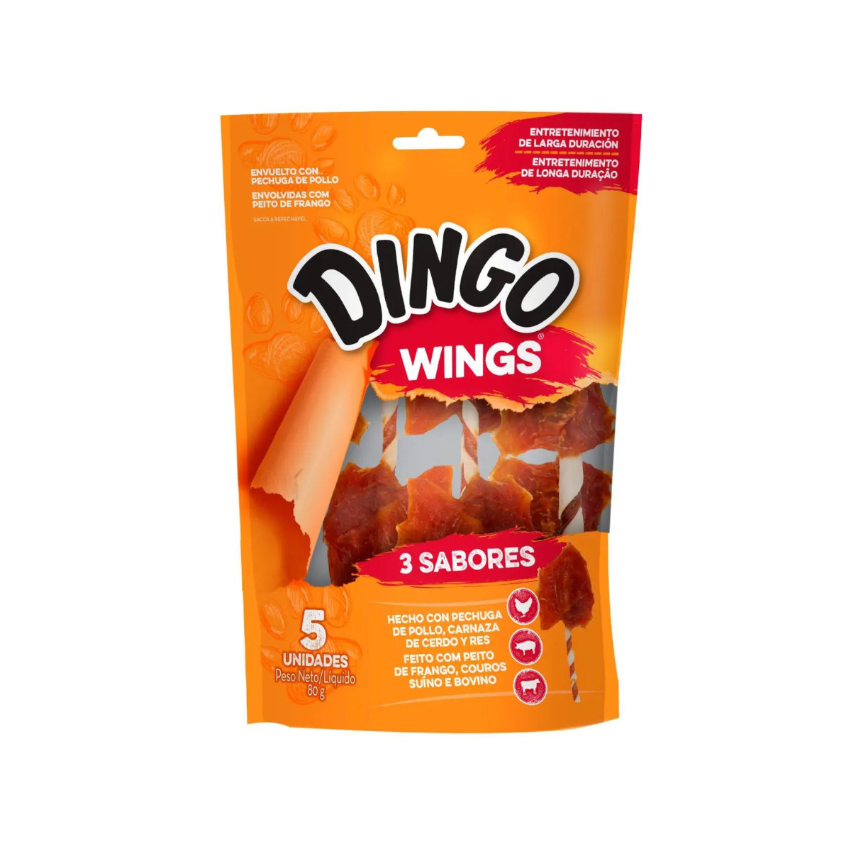 Dingo Wings triple sabor, alitas masticables para perros con carne de res, pollo y cerdo (5 unidades)