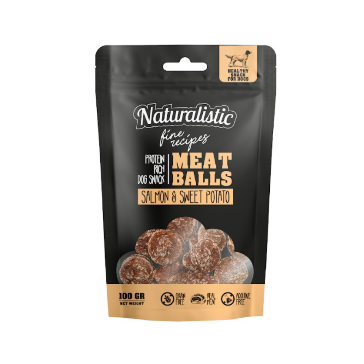 Naturalistic Fine Recipe Meatballs, albóndigas de salmón y camote para perros, snack saludable y nutritivo (100 g)