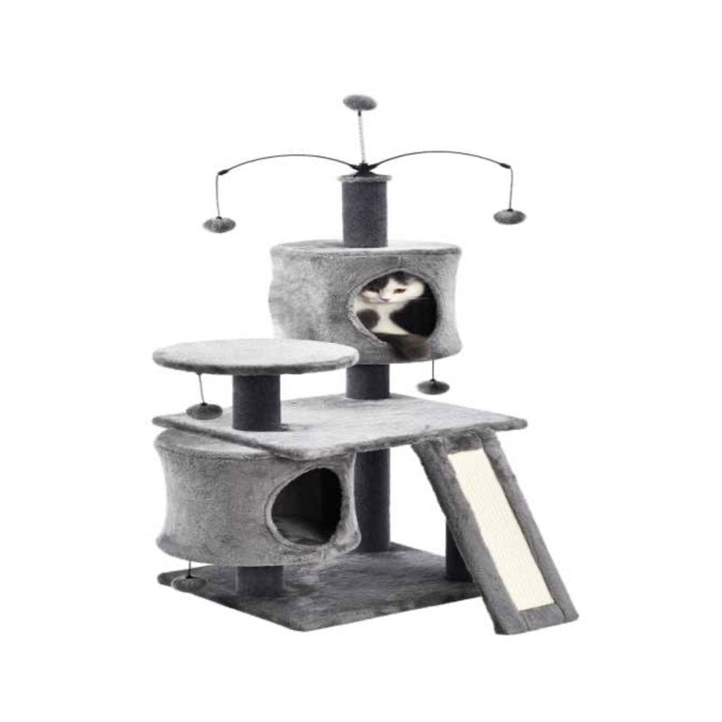 Rascador premium para gatos de 3 niveles, con dos niveles, dos cuevas acogedoras y móviles colgando para que juegue