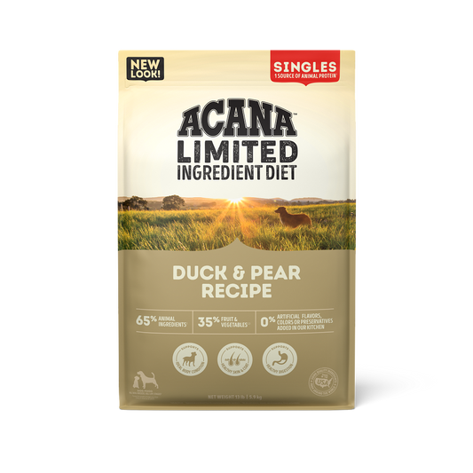 Alimento Acana Singles Duck & Pear, receta con pato y pera, ideal para perros con sensibilidad alimentaria y sin cereales