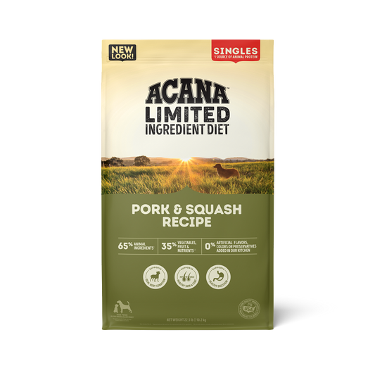 Alimento Acana Singles Pork & Squash, receta con cerdo y zapallo, ideal para perros con sensibilidad alimentaria y sin cereales