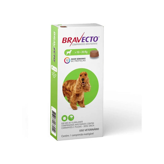 Antiparasitario externo Bravecto para perros de 10 a 20 kg, protege eficazmente contra pulgas y garrapatas hasta por 12 semanas (1 comprimido)