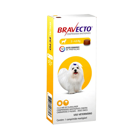 Antiparasitario externo Bravecto para perros miniatura y pequeños (2 a 4.5 kg), protección efectiva contra pulgas y garrapatas por hasta 12 semanas (1 comprimido)