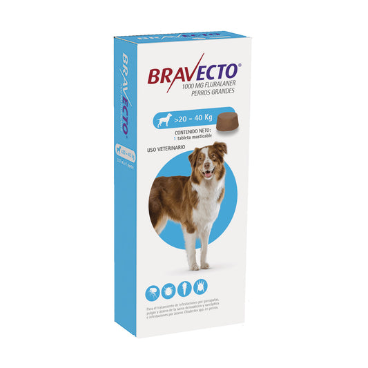 Antiparasitario externo Bravecto para perros de 20 a 40 kg, protección segura contra pulgas y garrapatas hasta por 12 semanas (1 comprimido)