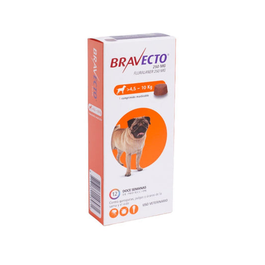 Antiparasitario externo Bravecto para perros pequeños de 4.5 a 10 kg, protección efectiva contra pulgas y garrapatas por hasta 12 semanas (1 comprimido)