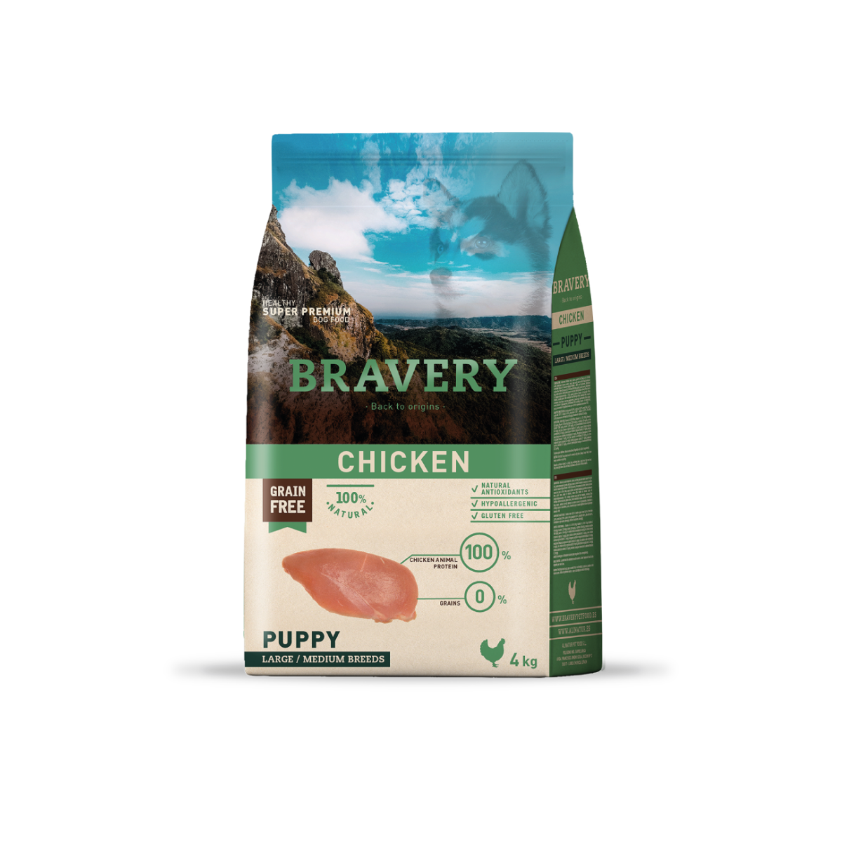 Alimento Bravery hipoalergénico sabor pollo para cachorros de razas medianas y grandes, nutrición premium sin cereales para un crecimiento saludable