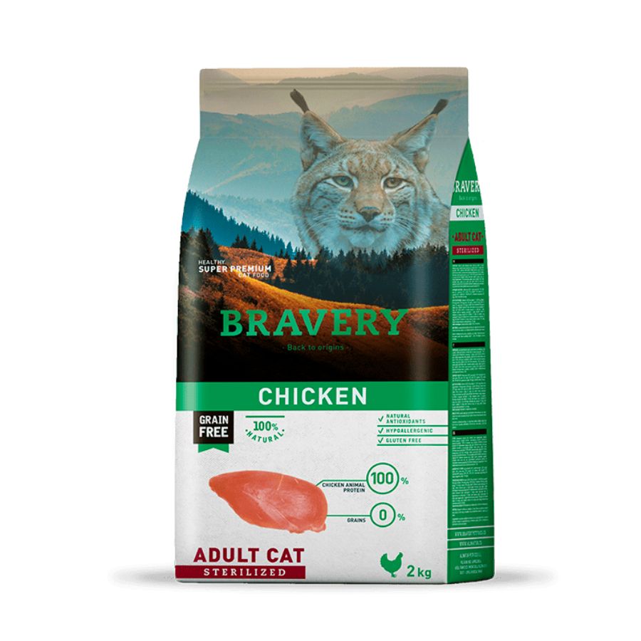 Alimento Bravery hipoalergénico sabor pollo para gatos adultos, nutrición premium sin cereales para una salud óptima