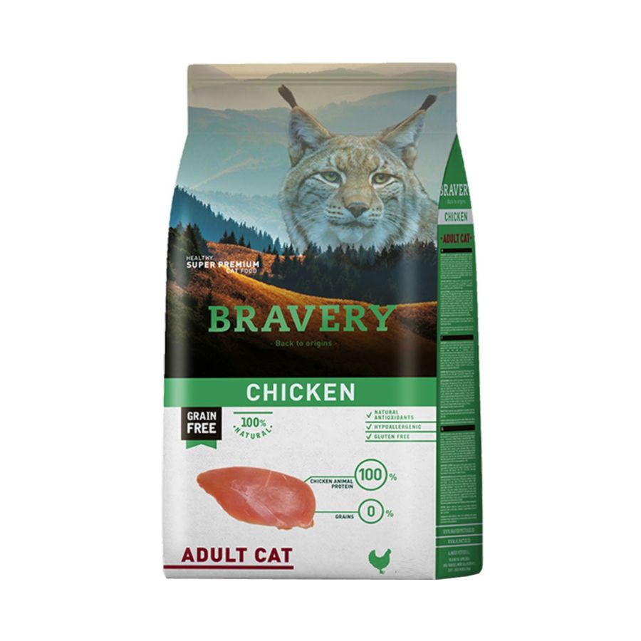 Alimento Bravery hipoalergénico sabor pollo para gatos adultos, nutrición premium sin cereales para una vida saludable