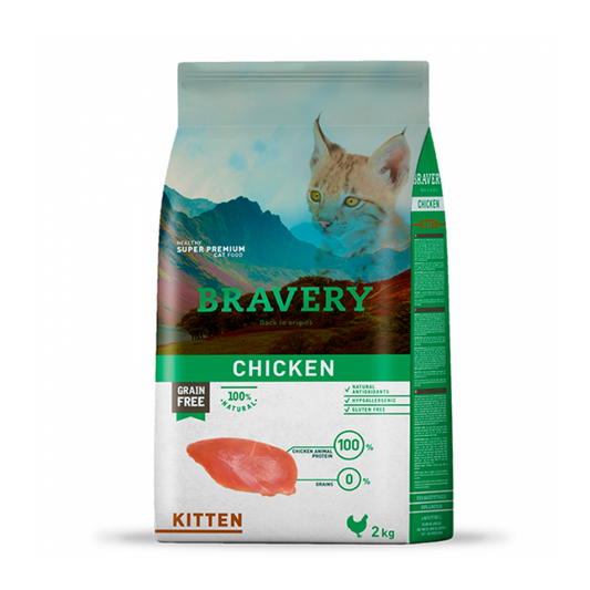 Alimento Bravery hipoalergénico sabor pollo para gatitos, nutrición premium sin cereales para un crecimiento saludable