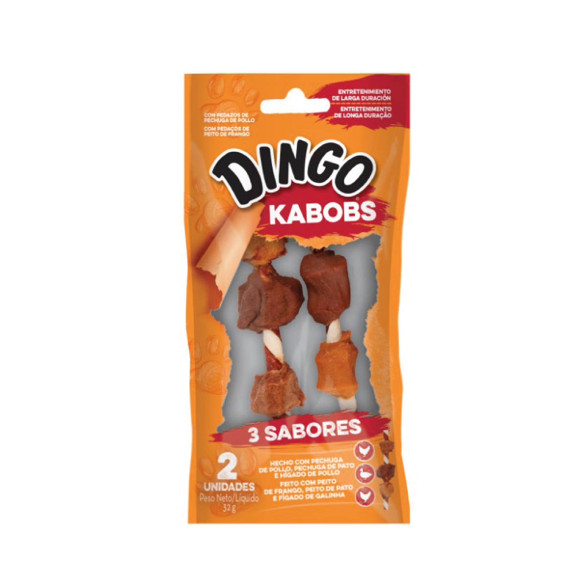 Dingo Kabob triple sabor, snack masticable para perros con carne de res, pollo y cerdo (2 unidades)
