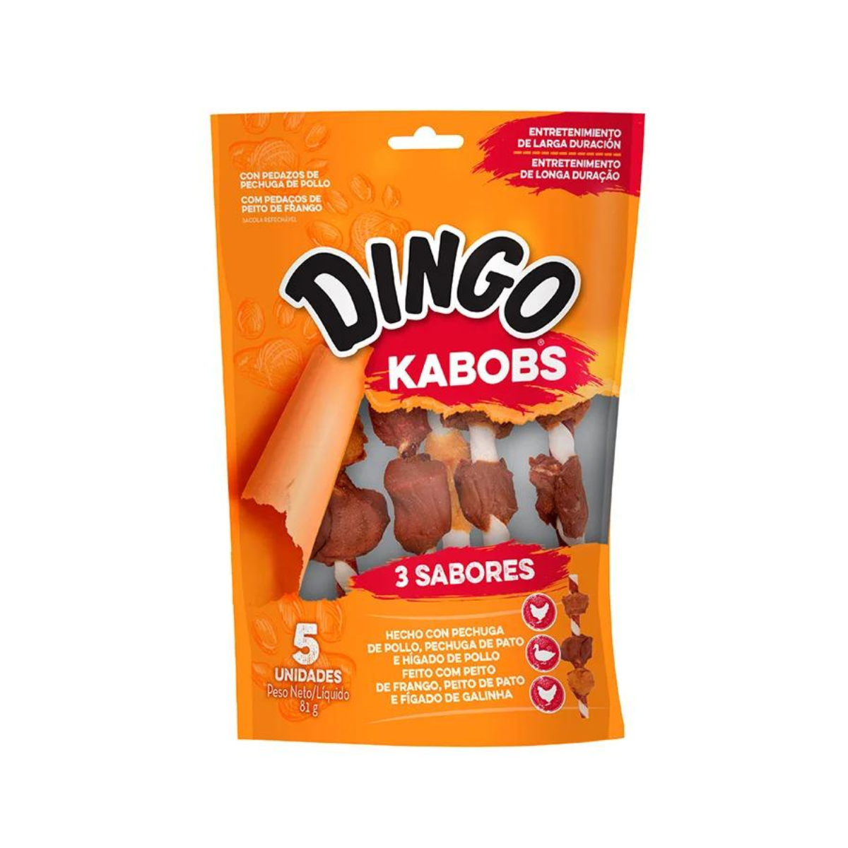 Dingo Kabob triple sabor, snack masticable para perros con carne de res, pollo y cerdo (5 unidades)