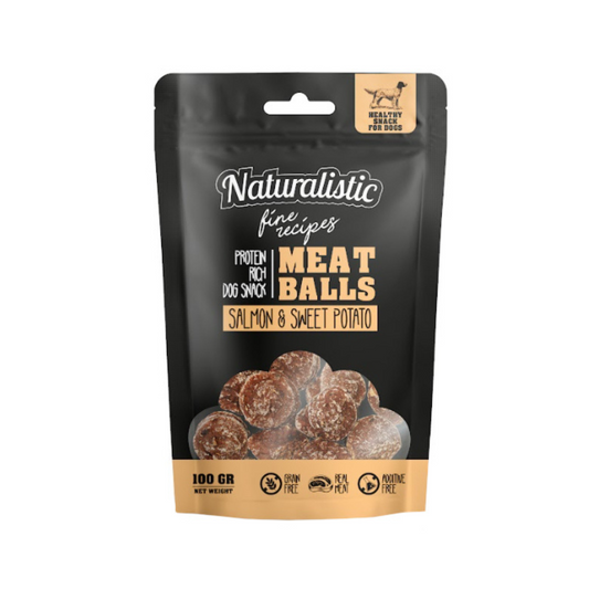 Naturalistic Fine Recipe Meatballs, albóndigas de salmón y camote para perros, snack saludable y nutritivo (100 g)