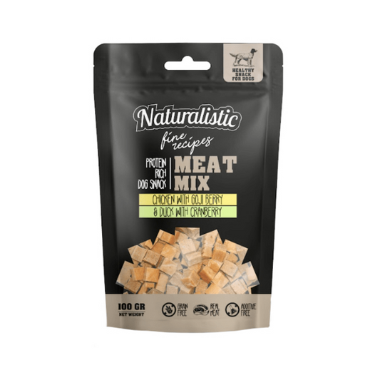 Naturalistic Fine Recipe MeatMix, snack premium para perros con pollo, goji, pato y arándanos, ideal para una alimentación saludable (100 g)