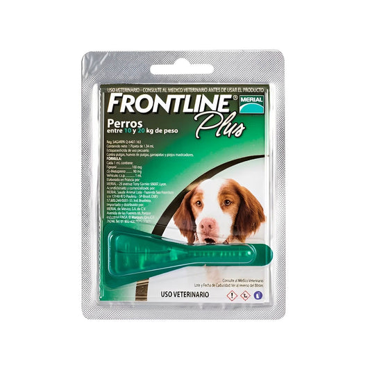 Antiparasitario externo Frontline Plus para perros de 10 a 20 kg, protección efectiva contra pulgas, garrapatas y piojos (1 pipeta)