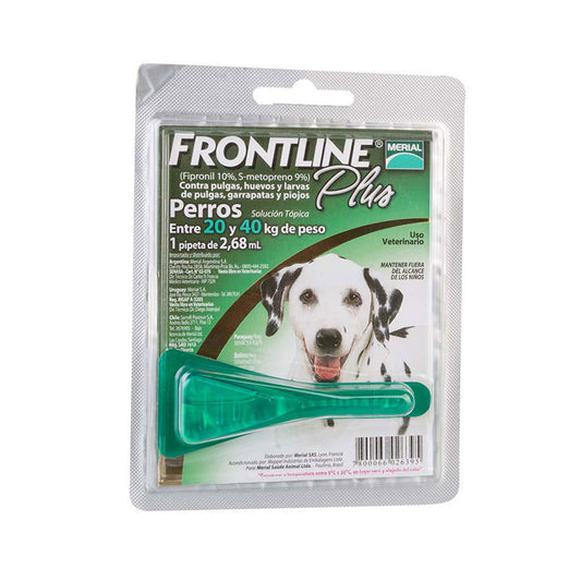 Antiparasitario externo Frontline Plus para perros de 20 a 40 kg, protección efectiva contra pulgas, garrapatas y piojos (1 pipeta)