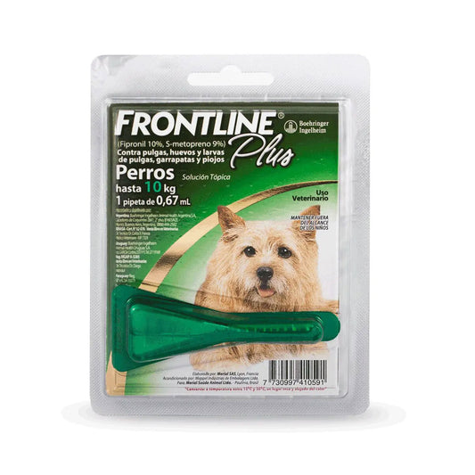 Antiparasitario externo Frontline Plus para perros pequeños de 10 kg o menos, protección eficaz contra pulgas, garrapatas y piojos (1 pipeta)