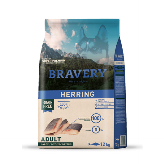 Alimento Bravery Hipoalergénico sabor pescado para perros adultos, nutrición premium sin cereales, ideal para piel sensible y digestión saludable