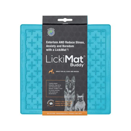 LickiMat Buddy para perros color turquesa, diseñado para promover la alimentación lenta y el bienestar mental
