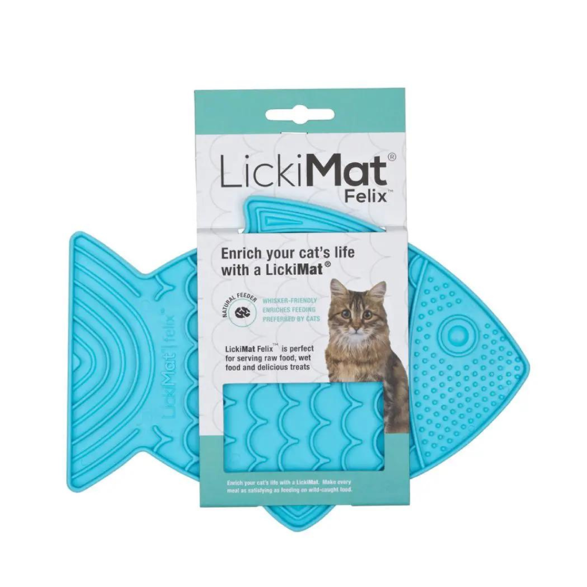 LickiMat Felix para gatos color turquesa, ideal para promover la alimentación lenta y reducir el estrés