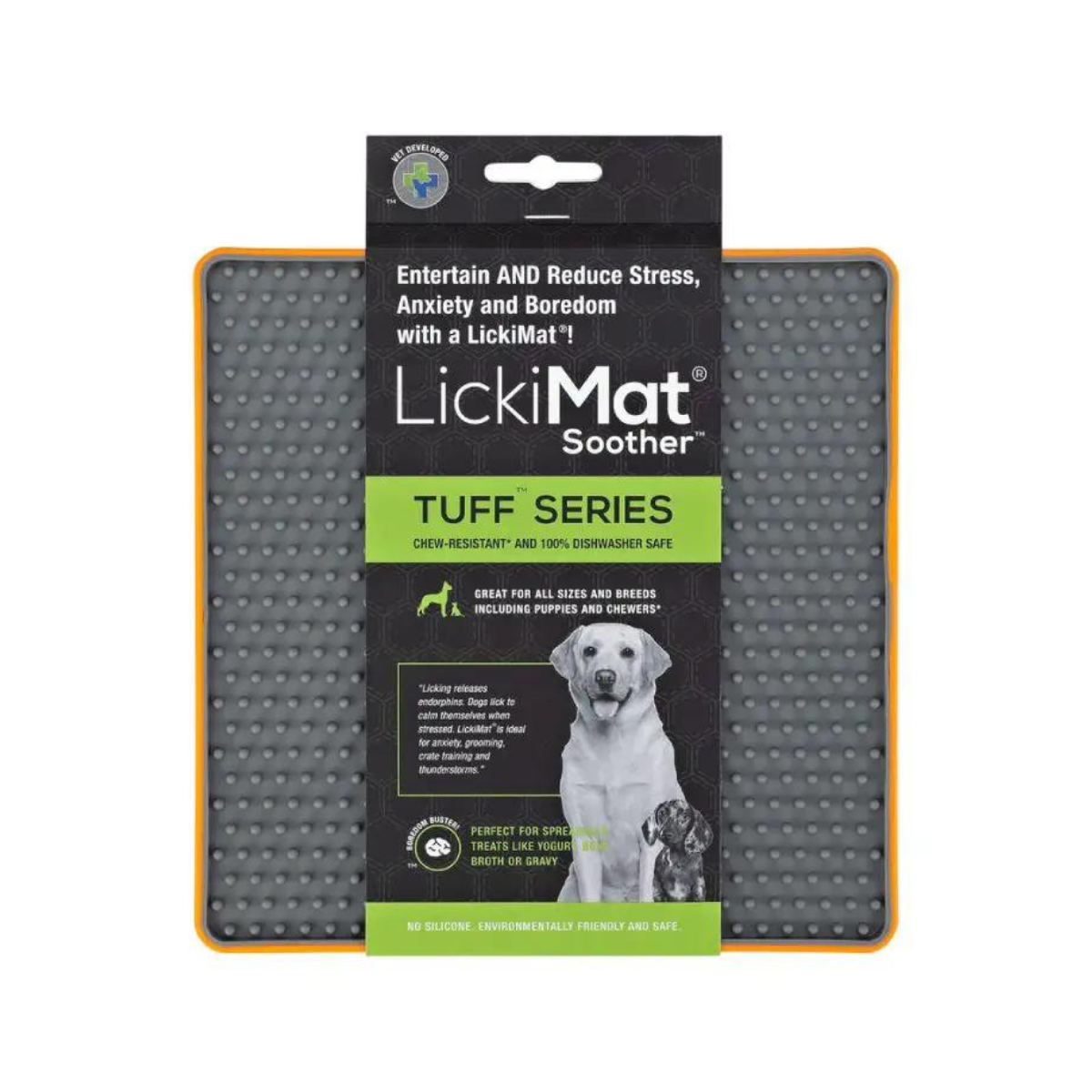 LickiMat Soother para perros color naranja, ideal para reducir la ansiedad y promover una alimentación más lenta