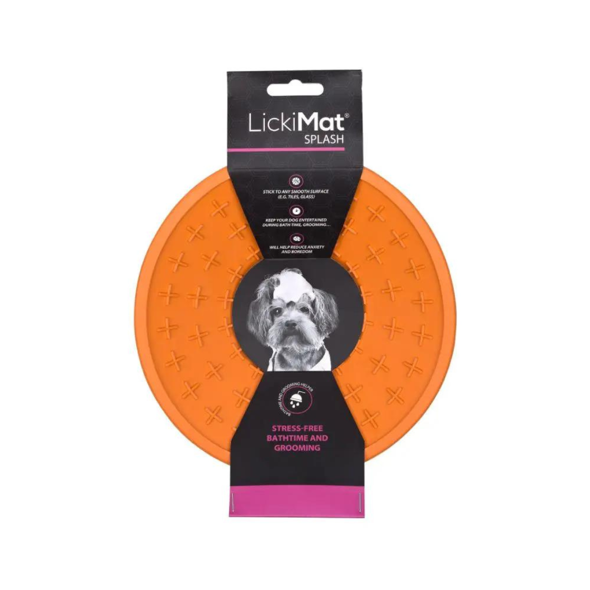LickiMat Splash para perros color naranja, ideal para alimentación lenta y reducción del estrés durante el baño o aseo