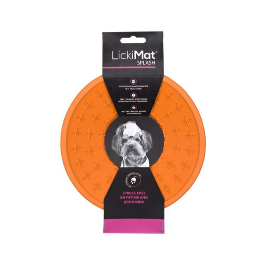 LickiMat Splash para perros color naranja, ideal para alimentación lenta y reducción del estrés durante el baño o aseo