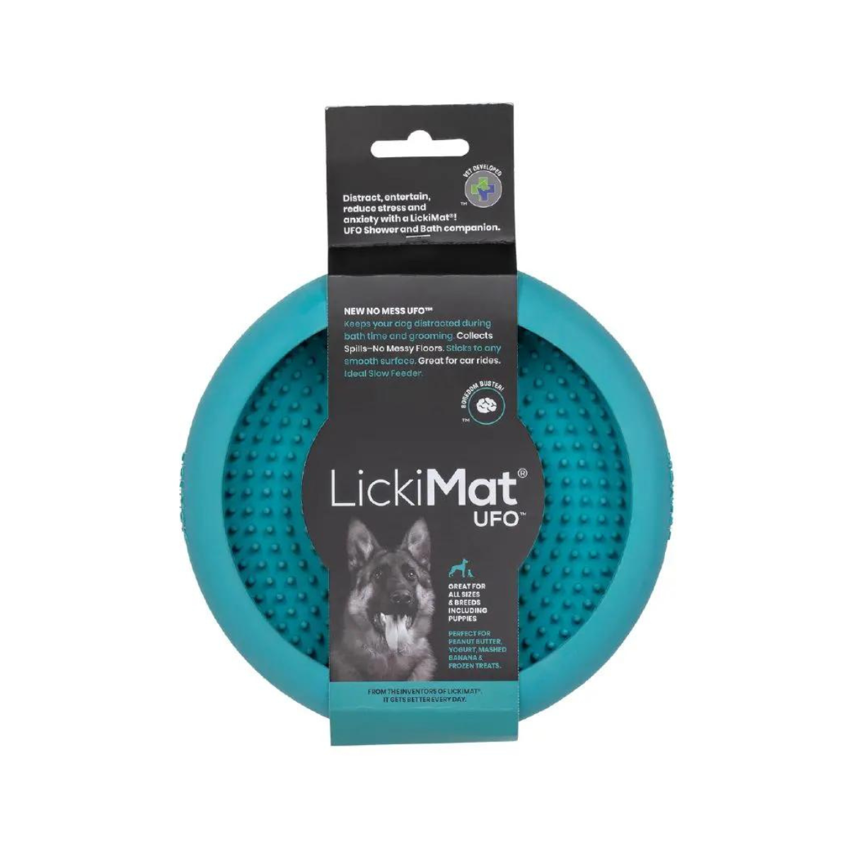 LickiMat UFO para perros color turquesa, diseño interactivo para reducir el estrés y promover la alimentación lenta