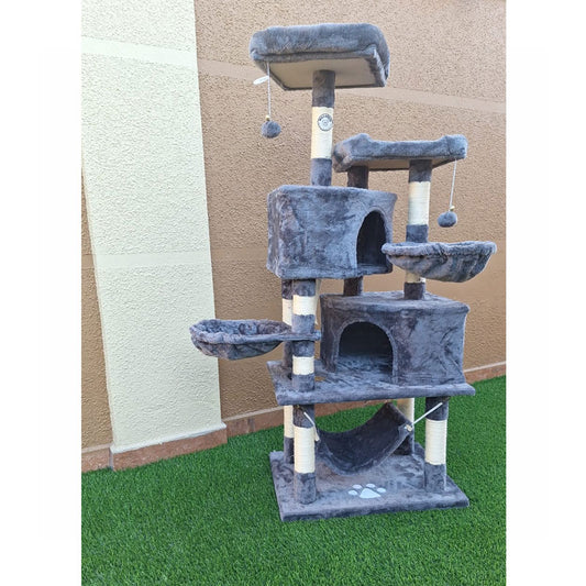 Rascador premium para gatos color gris, con múltiples cuevas y plataformas altas, perfecto para trepar, jugar y descansar con vistas elevadas