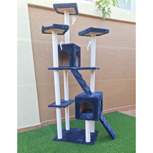 Rascador premium para gatos color azul, con cinco niveles para escalar y una cueva acogedora, ideal para juego y descanso