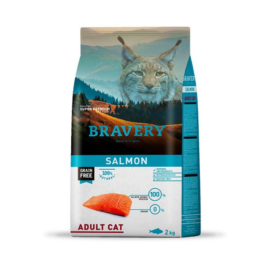 Alimento Bravery hipoalergénico sabor salmón para gatos adultos, nutrición premium sin cereales para piel y pelaje saludables