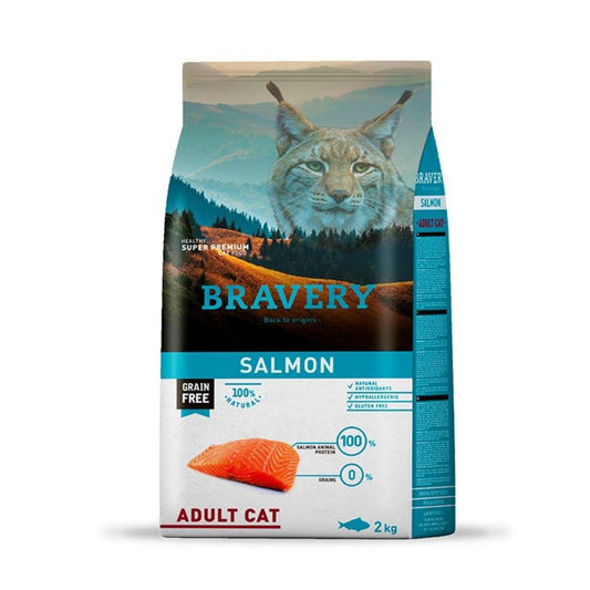 Alimento Bravery hipoalergénico sabor salmón para gatos adultos, nutrición premium sin cereales para piel y pelaje saludables