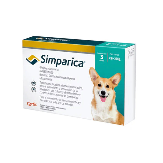 Antiparasitario externo Simparica para perros de 10 a 20 kg, protege contra pulgas y garrapatas por hasta 35 días (3 comprimidos)