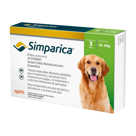 Antiparasitario externo Simparica para perros de 20 a 40 kg, protege contra pulgas y garrapatas hasta por 35 días (3 comprimidos)