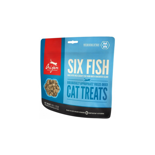 Snack Orijen Six Fish para gatos, bocados naturales con seis tipos de pescado fresco para una nutrición saludable (35 g)