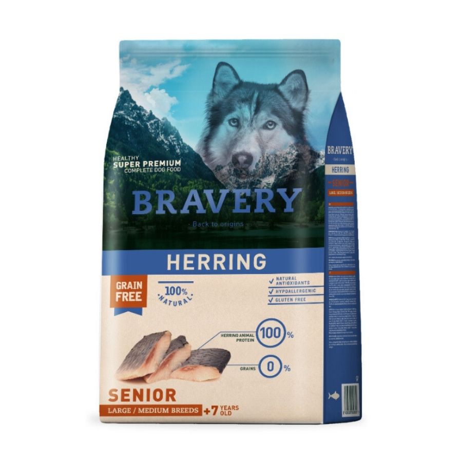 Alimento Bravery hipoalergénico sabor pescado para perros senior, nutrición premium sin cereales para una vida saludable